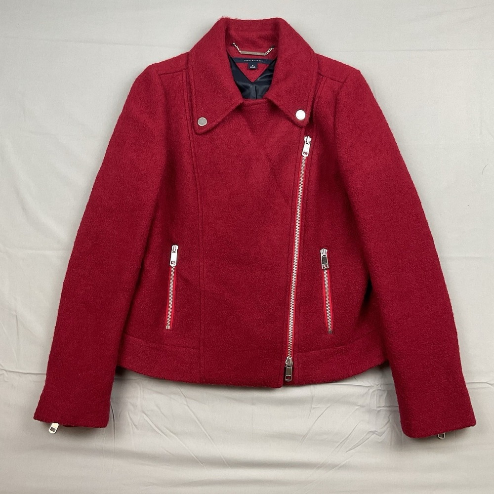 Tommy Hilfiger Red Wool Moto Jacket Zip Coat Classic Fall Biker Style Size 8‎